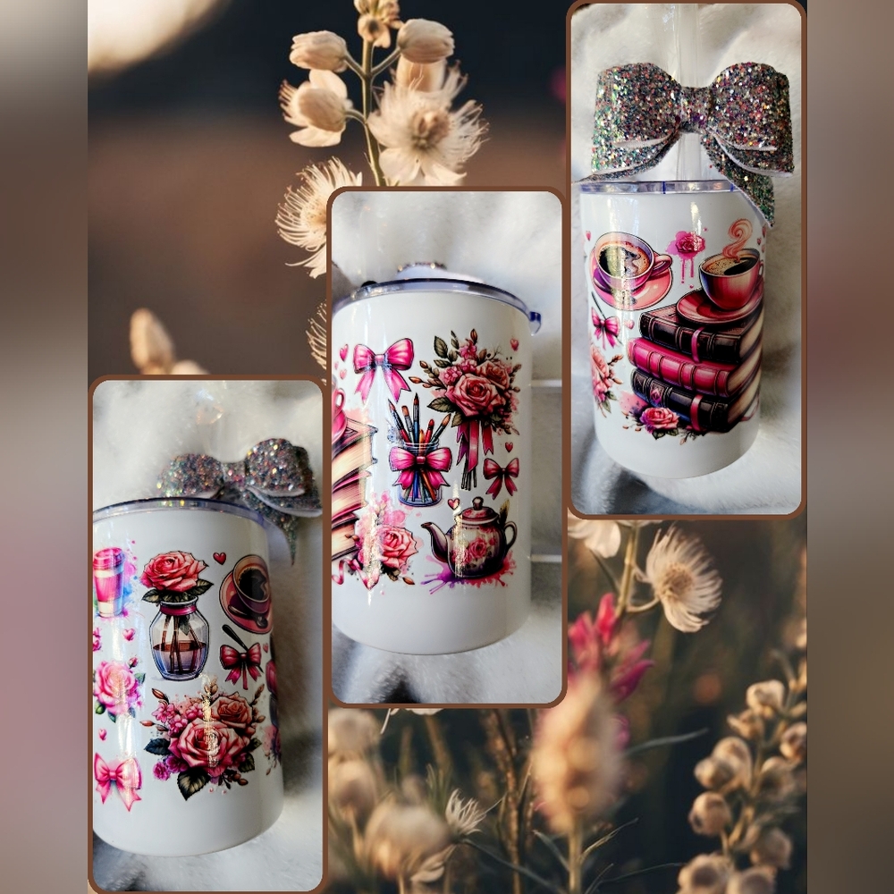 Glitter Bow Coffee Tumbler with Books Design